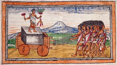 都市を建設するために石を運ぶアステカ人、ディエゴ・デュラン（1537-1588）によるインディーズの歴史から水彩を引き伸ばし、写本、フォリオ188直筆 作： Diego Duran