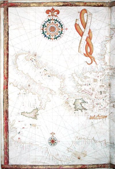 イタリア、ギリシャ、キクラデス、1565年の世界地図の詳細 作： Diego Homem