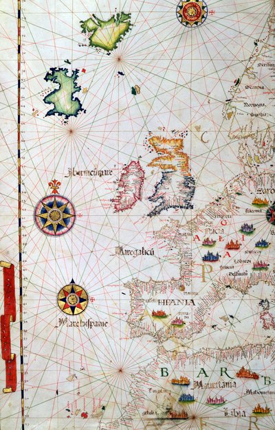 イギリスの島々、イベリア、北西アフリカ、1565年の世界地図からの詳細 作： Diego Homem