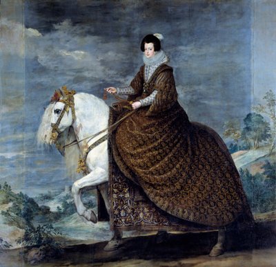 1616年にスペインのフィリップ4世の妻となったフランスのエリザベートまたはブルボン家のイザベル(1602-1644)の騎馬像 ディエゴ・ベラスケス(1599-1660)による絵画 1635年 日の丸。3,01x3,14 m Madrid, Musee du Prado - フランスのイザベル(1602-1644)の騎馬像。 作： Diego Velázquez