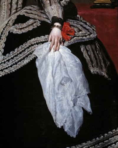 手とスカーフ 「フィリップ4世の妻、オーストリア王妃メアリー・アン（マリアンヌ）（1634-1696）の肖像の詳細」 ディエゴ・ベラスケス（1599-1660）の絵画 17世紀 マドリード、プラド美術館 作： Diego Velázquez