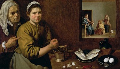 マーサとメアリーの家でのキリストとのキッチンシーン、1618年頃（キャンバスに油彩） 作： Diego Velázquez