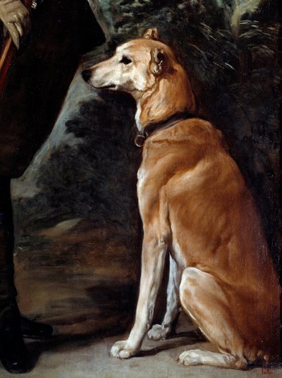 狩猟服を着た枢機卿幼児フェルディナンド・ドートリッシュ（1609 - 1641）の肖像：犬の細部。ディエゴ・ロドリゲス・デ・シルヴァ・イ・ベラスケス（1599-1660）による絵画 作： Diego Velázquez