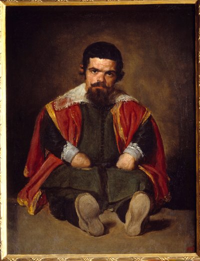 道化師セバスティアン・デ・モーラの肖像 宮廷に座る小人。ディエゴ・ベラスケス(1599-1660)による絵画 1645年頃、日。1,06x0,81 m Madrid Musee du Prado - 道化師セバスティアン・デ・モーラの肖像 - 宮廷の小人-座っているところ。絵画：ディエゴ・ベラスケス（またはヴェ 作： Diego Velázquez