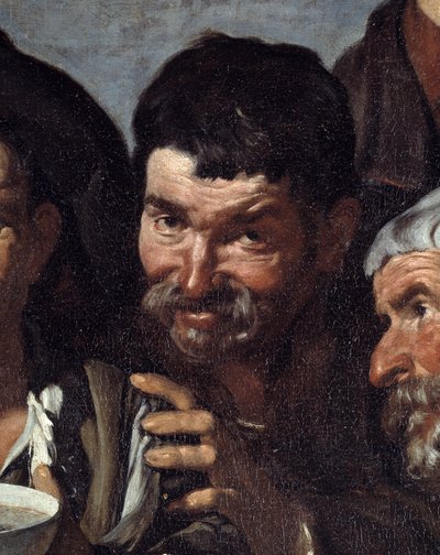 バッカスの勝利」または「酔っぱらい」 酔っぱらいの顔のディテール。ディエゴ・ロドリゲス・デ・シルヴァ・イ・ベラスケス（1599-1660）による1639年から1642年頃の絵画。ディム。1,65x2,25 m マドリード、プラド美術館 作： Diego Velázquez