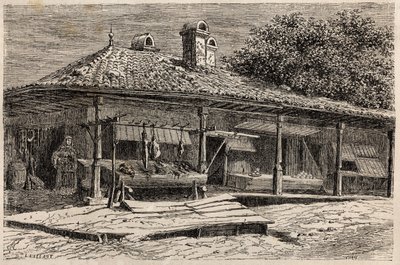 ブカレスト（ルーマニア）の肉屋とパン屋。1860年、デザイナー、ランスロットのパリからブカレストへの航海を描いたエングレーヴ、エドゥアール・シャルトンの指揮で出版された「Le tour du monde, nouveau journal des voyages」に掲載されたもの 作： Dieudonne Auguste Lancelot
