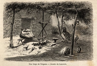 ルーマニアのワラキア地方にあるジプシーの鍛冶屋。1860年にパリからブカレストまでの航海を説明するために、製図者のランスロットが描いたもので、エドゥアール・シャルトンの指導の下、「Le tour du monde, nouveau journal des voyages」に掲載された。 作： Dieudonne Auguste Lancelot