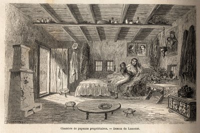 Orezu（ルーマニア、ワラキア地方）周辺の農民の家。1860年にパリからブカレストまでの航海を説明するためにランスロットが描いたもので、「Le tour du monde, nouveau journal des voyages」に掲載されている。 作： Dieudonne Auguste Lancelot
