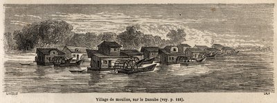ドナウ川に浮かぶ水車の村。1860年にパリからブカレストに向かったVictor Duruyの旅を説明するために、Lancelotが描いたもの。エドゥアール・シャルトン編『Le tour du monde』に掲載された図版 作： Dieudonne Auguste Lancelot