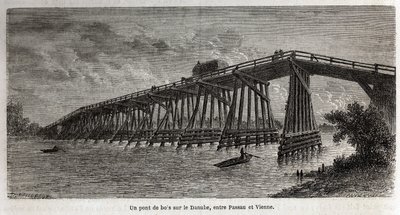 パッサウとウィーンの間のドナウ川に架かる木製の橋。ランスロットが描いたもので、1860年にヴィクトル・デュルイがパリからブカレストまで旅をした際の挿絵です。エドゥアール・シャルトン編『Le tour du monde』に掲載された図版 作： Dieudonne Auguste Lancelot