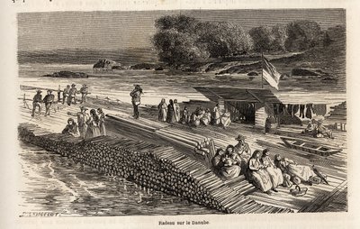 ドナウ川に浮かぶ木製のいかだ。1860年にパリからブカレストへ向かうヴィクトル・デュルイの旅を説明するために、ランスロットが描いたもの。エドゥアール・シャルトン編『Le tour du monde』に掲載された図版 作： Dieudonne Auguste Lancelot