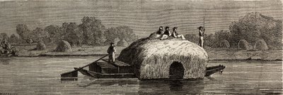 ドナウ河畔での飼料の切断、収穫、運搬。ランスロットが1860年にパリからブカレストまでの旅を説明するために描いたもの。エドゥアール・シャルトン編『Le tour du monde』に掲載された図版 作： Dieudonne Auguste Lancelot