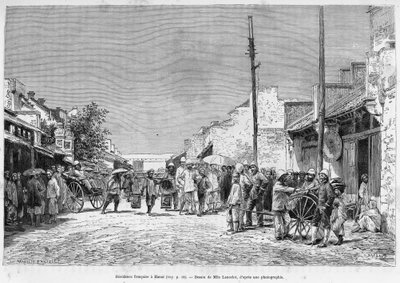 ハノイのフランス人居住区。エドゥアール・シャルトン（1807-1890）が監督した『le tour du monde 1889』に収録されている、オカール医師による1884年のトンキンでの「Tente mois au Tonkin」の物語を説明するために、ランスロットが写真をもとに描いたもの。 作： Dieudonne Auguste Lancelot