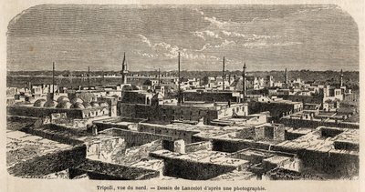 ランスロットが描いたトリポリの全景。1860年にクラフト男爵が行ったトリポリ散策を説明するために描いたもの。1861年の "Le tour du monde "に掲載されたエングレーヴィング。セルバのコレクション。 作： Dieudonne Auguste Lancelot