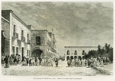 バリャドリッドの市庁舎。エドゥアール・シャルトン（1807-1890）が監督した『le tour du monde 1887』に収録されているデジレ・シャルネの『Ma last expedition au Yucatan』の物語を説明するためにランスロットが描いたエングレーヴィング。 作： Dieudonne Auguste Lancelot