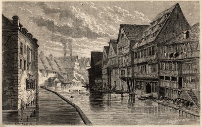 ヴィクトル・デュルイが1860年にパリからブカレストまで旅した際に描いた、ランスロットによるウルムの古い皮なめし工場。エドゥアール・シャルトン編集の「Le tour du monde」に掲載された版画 作： Dieudonne Auguste Lancelot