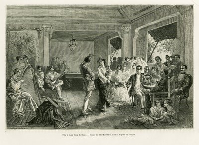 サンタ・クルス・デ・ナノのパーティー。アルフレッド・マルシェ（1844-1898）の「Lucon and Palaouan, six years in the Philippines」という物語を説明するためにランスロットが描いたエングレーヴィングで、エドゥアール・シャルトン（1807-1890）監督の「le tour du monde 1886」に収録されている。 作： Dieudonne Auguste Lancelot