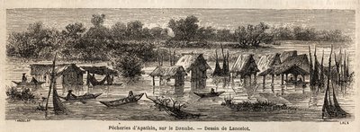 ドナウ川のアパチン（セルビア）の漁業。ランスロットが1860年にパリからブカレストまでの旅を説明するために描いたもの。エドゥアール・シャルトン編『Le tour du monde』に掲載された図版 作： Dieudonne Auguste Lancelot
