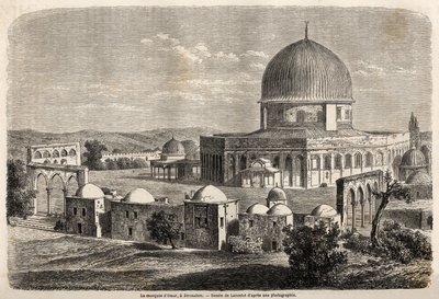 691年にエルサレムに建立されたオマルのモスク、1856年のビダ氏のパレスチナへの旅を説明するためにランスロットが描いたもの。パリの "Le tour du monde, nouveau journal des voyages "に掲載された版画。 作： Dieudonne Auguste Lancelot