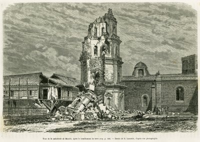 1880年7月18日の地震後のマニラ大聖堂の塔。ランスロットによる彫刻で、アルフレッドマルケによるフィリピンでの6年間のルコンとパラオの物語が描かれています。 作： Dieudonne Auguste Lancelot