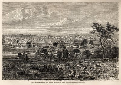 メルボルン（オーストラリア）の眺め。1854年から1859年にかけてオーストラリアに移住したフランス人の思い出を説明するためにランスロットが描いたもので、M.de Castellaによるもの。1861年の "Le tour du monde "に掲載されたエングレーヴィング。セルバのコレクション。 作： Dieudonne Auguste Lancelot