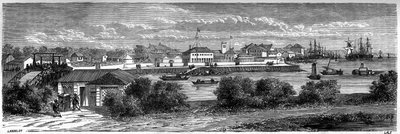 1860年、中国・上海の黄浦江にあるアメリカ租界の風景。エドゥアール・シャルトン編集の「Le Tour du Monde, Nouveau journal des Voyages」に掲載されたランスロットのエングレーヴィング。 作： Dieudonne Auguste Lancelot