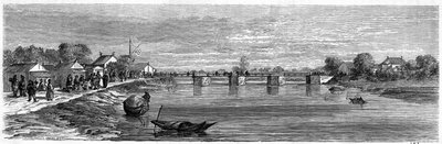 1860年、中国・上海近郊の蘇州河に架かる橋の風景。エドゥアール・シャルトン編『Le Tour du Monde, Nouveau journal des Voyages』（パリ）に掲載されたランスロットの版画。 作： Dieudonne Auguste Lancelot
