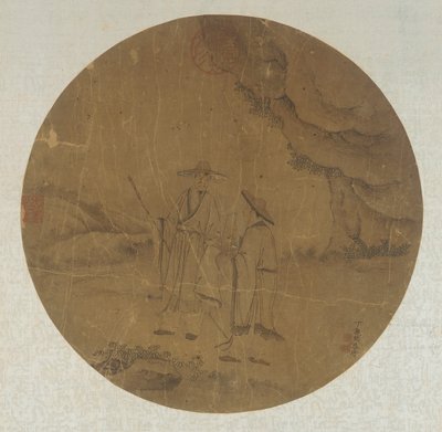 風景: 2 人の人物、清王朝、18 世紀。 作： Ding Guanpeng
