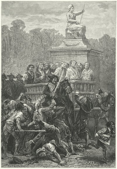 ギロチンに向かう途中の囚人でいっぱいのタンブリル、フランス革命 (彫刻) 作： Diogene Ulysse Napoleon Maillart