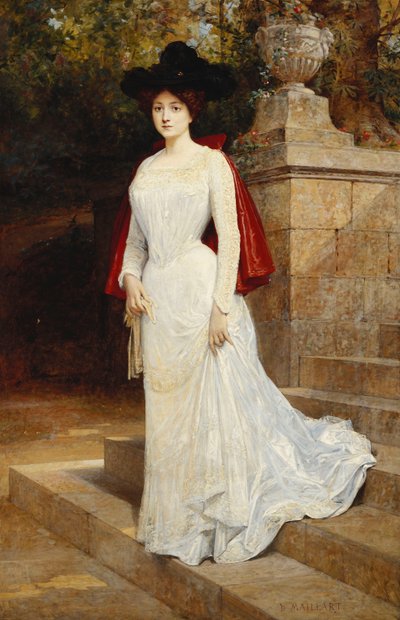 クリーム色のドレスと赤いマントをまとったレディの肖像、全身立ち、 作： Diogene Ulysse Napoleon Maillart