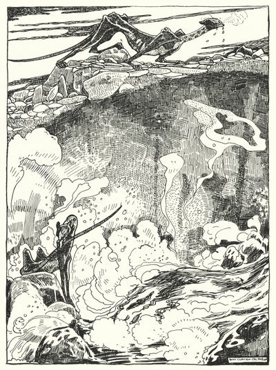 "ドラゴンの子がプールに降りて水を飲み、体を洗うのを見た"(彫刻) 作： Dion Clayton Calthrop