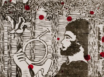 ジークフリート、木の鳥と竜の血、ワーグナーの『指輪物語』、2024年（木版画） 作： Dione Verulam