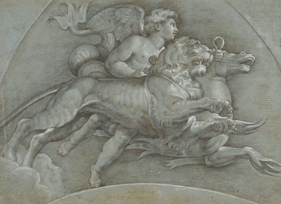 ラファエロの後にタツノオトシゴとライオンに乗る有翼のプットー, verso..., 1574. 作： Dionisio Calvaert