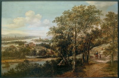 前景にライダーと他の人物がいる広い川の風景 作： Dionys Verburg