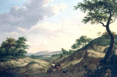 岩の上に牧童や動物がいる森の風景 作： Dionys van Dongen