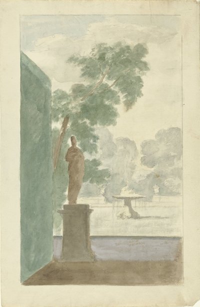 ホールの壁の装飾のデザイン: 彫像、噴水、骨壷のある庭園の眺め 作： Dionys van Nijmegen (possibly)