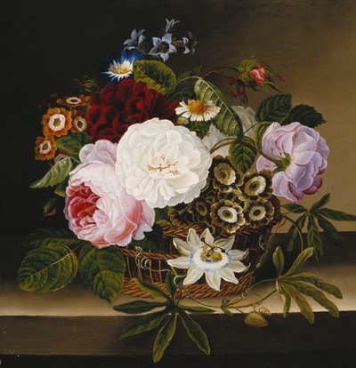 棚の上のバスケットにバラや他の花 作： Dionys van Nijmegen