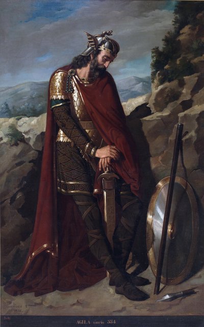 スペインの西ゴート王アギラ 1 世の肖像 (d. 555) (西ゴート王アギラまたはアキラ、アキラ、アキラ、アギル I) ディオスコロ テオフィロ プエブラ トーリン (1831-1901) による絵画 1856 年 マドリードの宮廷宮殿 作： Dioscoro Teofilo Puebla Tolin