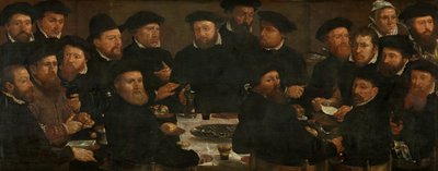 L 分隊の 18 人の衛兵の晩餐会、アムステルダム 1566 年、「とまり木を食べる人」として知られる 作： Dirck Barendsz.