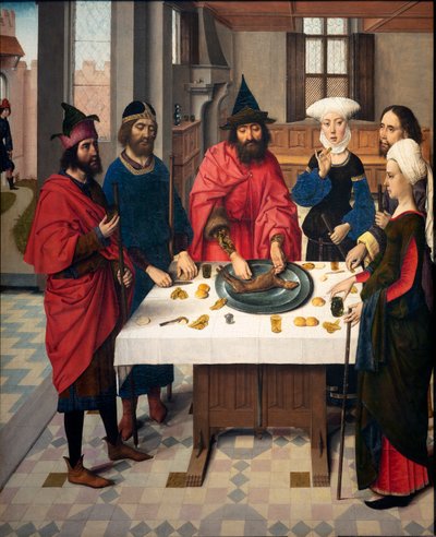 教区教会（聖ペテロ教区教会）。 ペインティング。 最後の晩餐。 ダークボルト。 1464-1468。 詳細。 左パネル。 作： Dirck Bouts