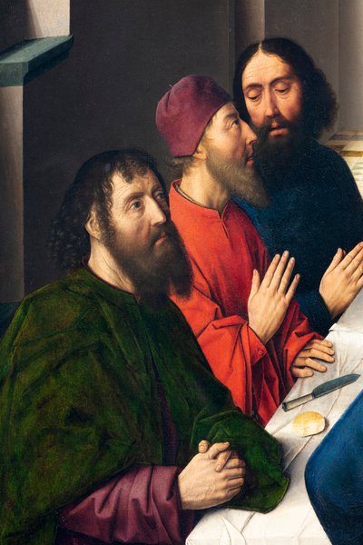 教区教会（聖ペテロ教区教会）。 ペインティング。 最後の晩餐。 ダークボルト。 1464-1468。 詳細。 中央パネル。 作： Dirck Bouts