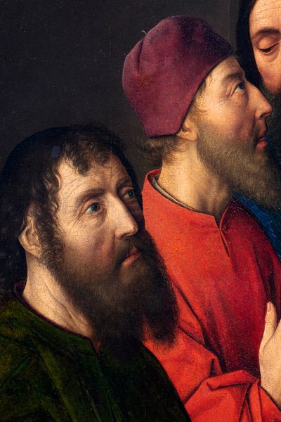 教区教会 (聖ペテロ教区教会)。 ペインティング。 最後の晩餐。 ダークボルト。 1464-1468。 詳細。 中央パネル。 作： Dirck Bouts