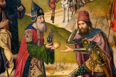 教区教会（聖ペテロ教区教会）。 ペインティング。 最後の晩餐。 ダークボルト。 1464-1468。 詳細。 左パネル。 作： Dirck Bouts