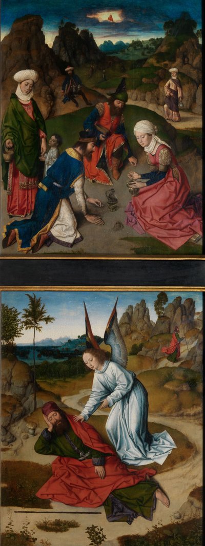 聖なる秘跡の祭壇画からの砂漠でのマナとエリヤの集まり、1464〜68年頃（パネルに油彩） 作： Dirck Bouts