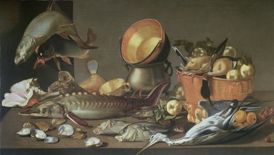 チョウザメと他の魚、アヒル、サギの静物 作： Dirck Govertsz