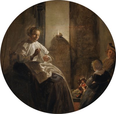 キャンドルライトの下で裁縫をする女 作： Dirck Hals
