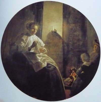 キャンドルライトの下で裁縫をする女 作： Dirck Hals