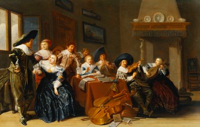 テーブルに座った楽器とインテリアで歌う若い女性のエレガントな人物、1637年 作： Dirck Hals