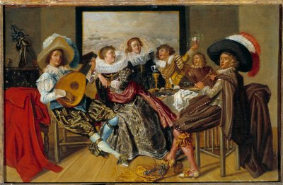 Gallant Meeting 音楽家と若い女性たちが音楽を奏で、グラスを掲げているパーティーの様子です。ディルク・ハルス（1591-1656）による絵画 1625年 日0.3×0.46m 作： Dirck Hals