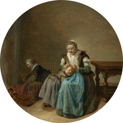 暖炉のそばでもう一人の子供と、室内で子供の世話をする母親。 作： Dirck Hals